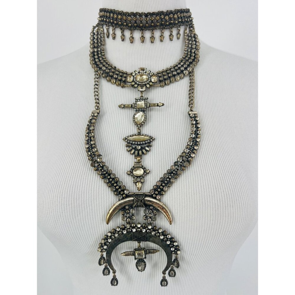 Free People Multilayered Antiqued Silver & Rhinestone Necklace - Picture 13 of 16